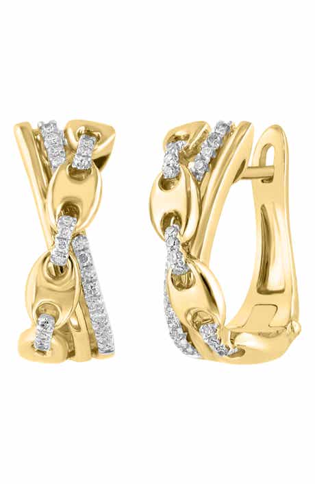 14k Gold Plated Diamond Link Hoop Earrings