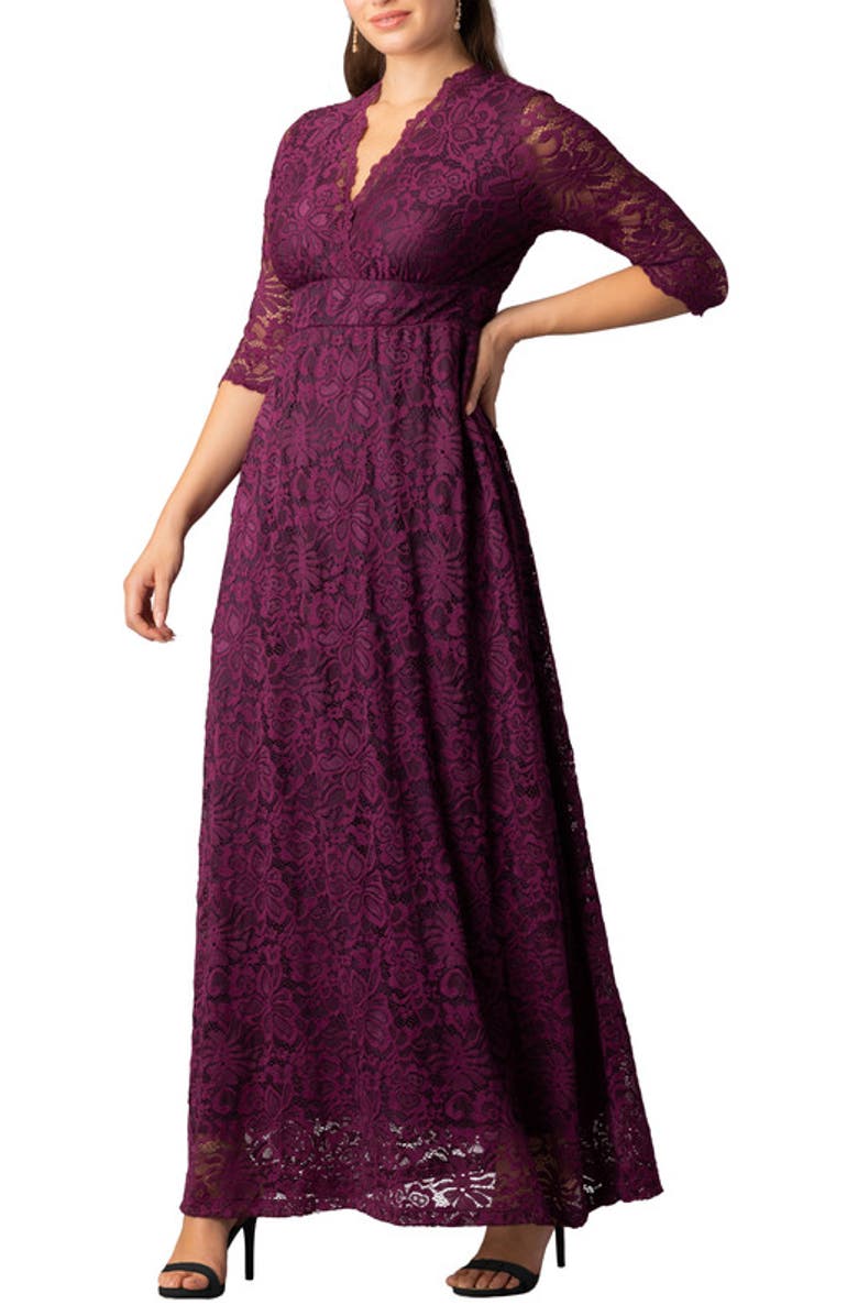 Kiyonna Maria Lace A-Line Evening Gown with Pockets, Alternate, color, Berry Bliss