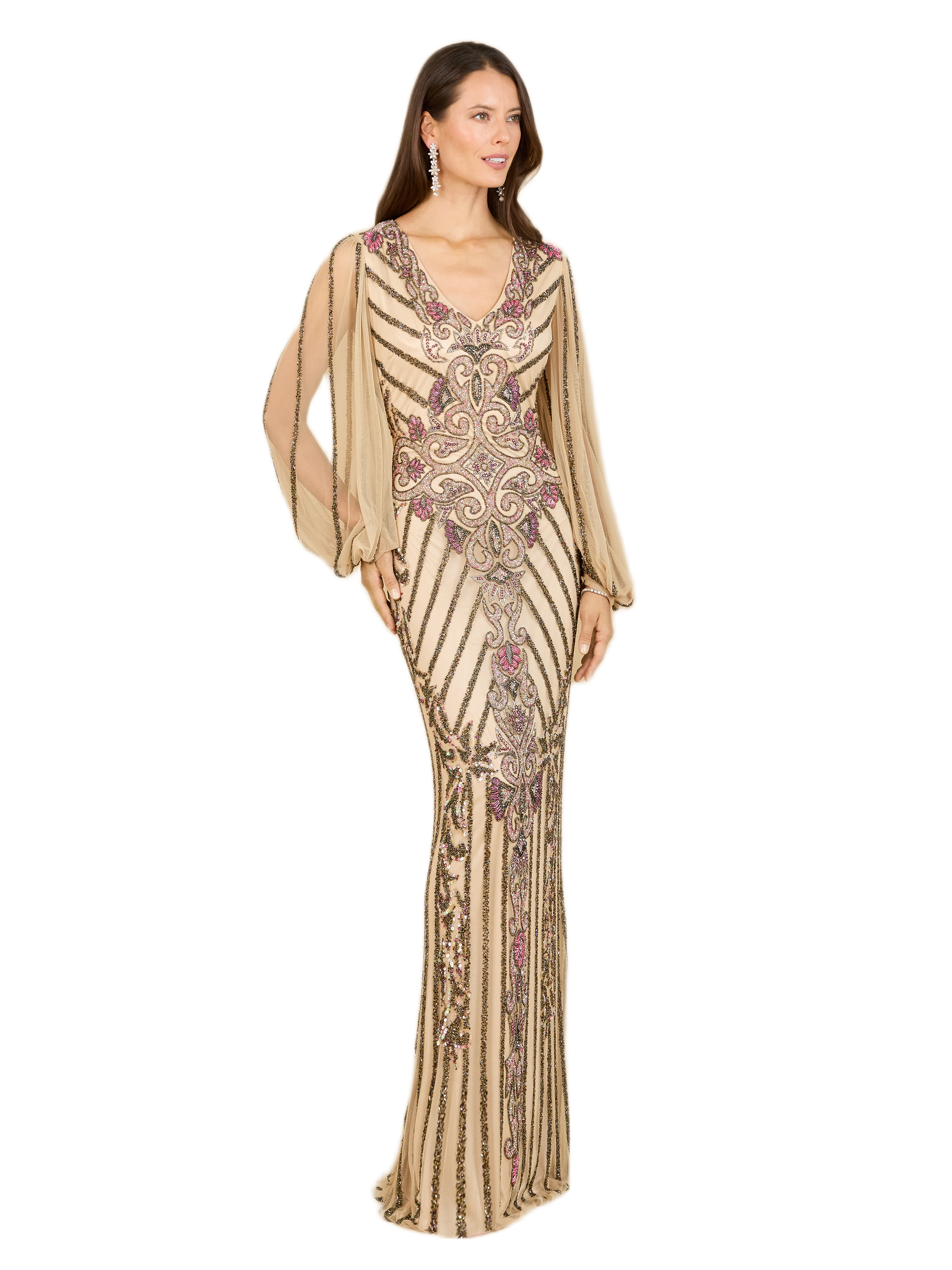 Long Flutter Sleeves Beaded Dress