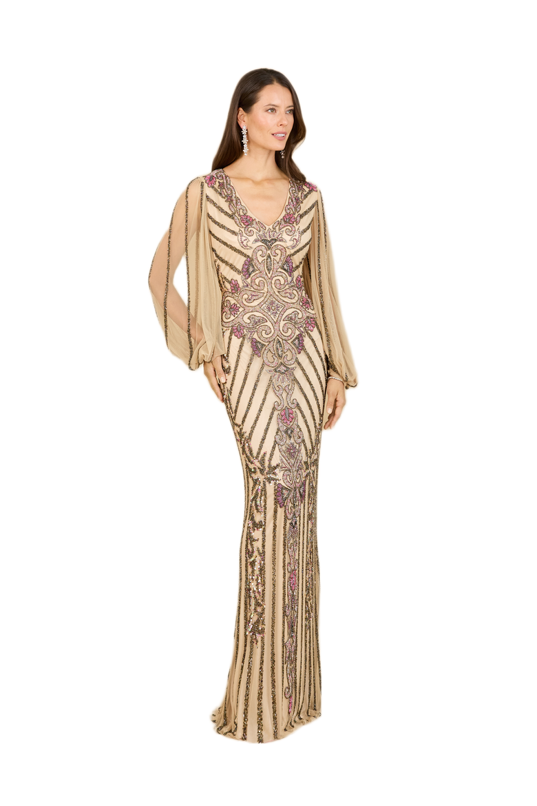 Long Flutter Sleeves Beaded Dress, Main, color, NudeMulti