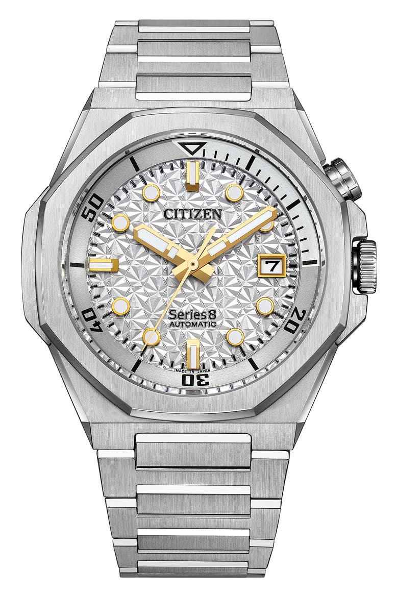 Series8 890 City Lights Automatic Silvertone Bracelet Watch, 42.2mm, Main, color, GREY/ SILVER/ GOLD