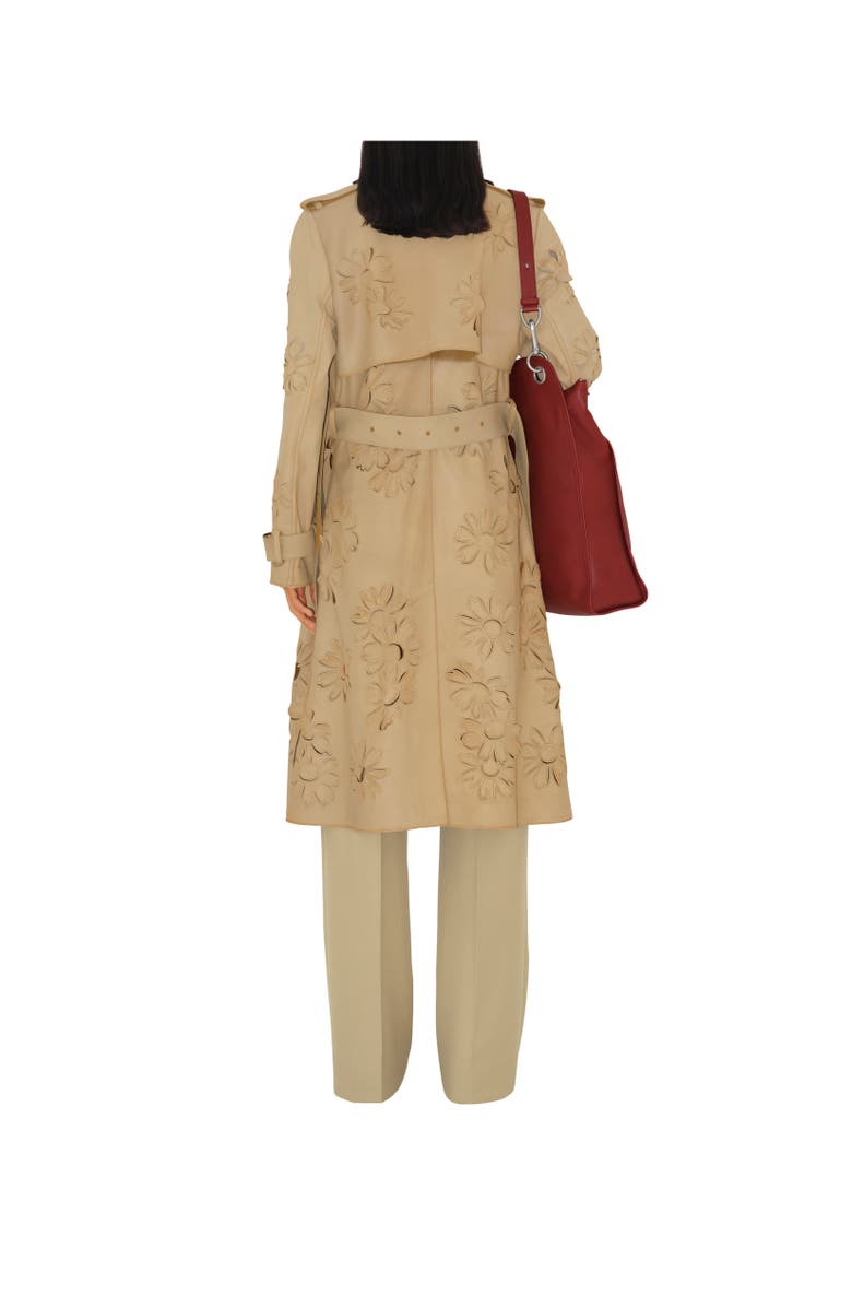 Burberry Long Cutout Daisy Suede Trench Coat, Alternate, color, Tan