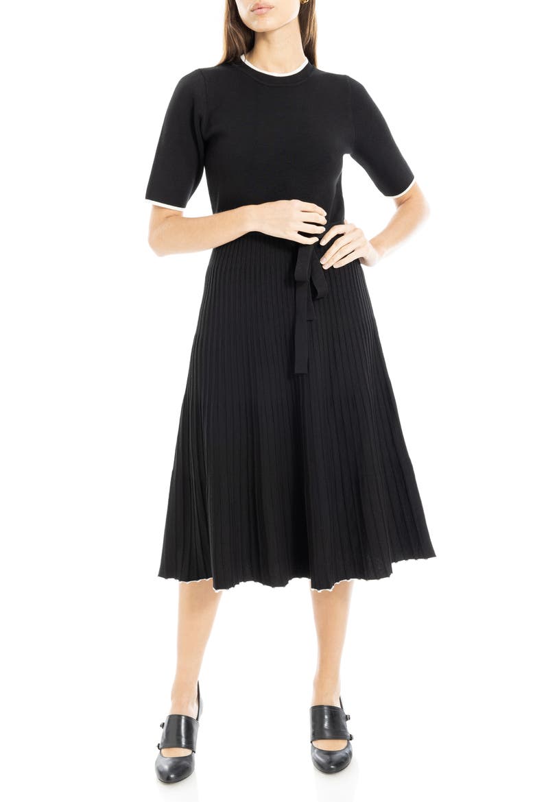 Pleated Short Sleeve Sweater Dress, Alternate, color, BLACK/ BONE