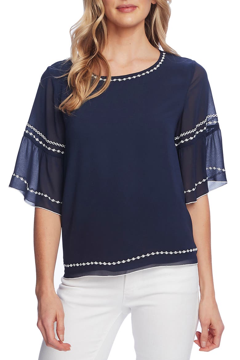Embroidered Bell Sleeve Chiffon Blouse, Main, color, MOOD INDIGO