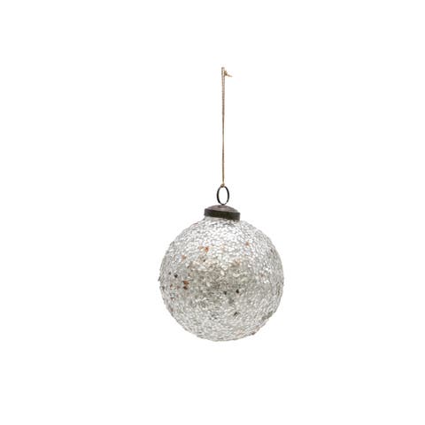 Round Glass Ball Ornament with Mica Flakes, Silver Finish