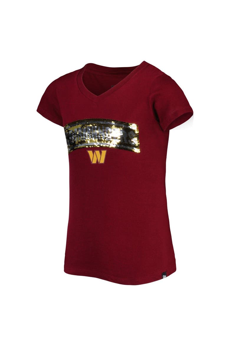 Girls Youth New Era Burgundy Washington Commanders Reverse Sequin Wordmark V-Neck T-Shirt, Alternate, color, Burgundy