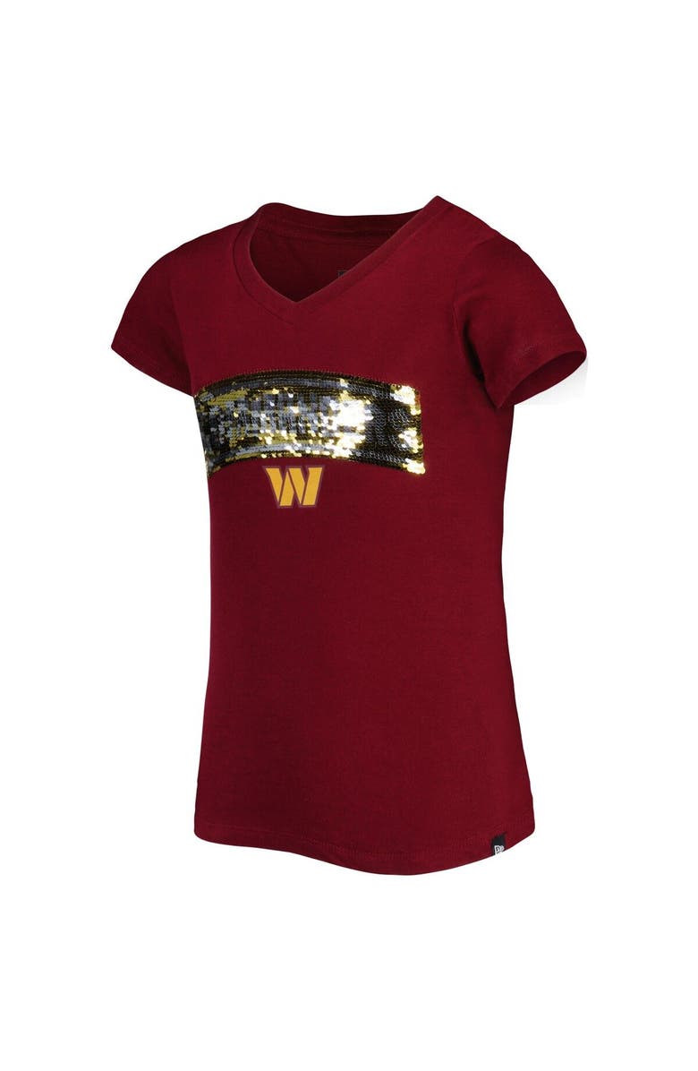 New Era Girls Youth New Era Burgundy Washington Commanders Reverse Sequin Wordmark V-Neck T-Shirt, Alternate, color, Burgundy
