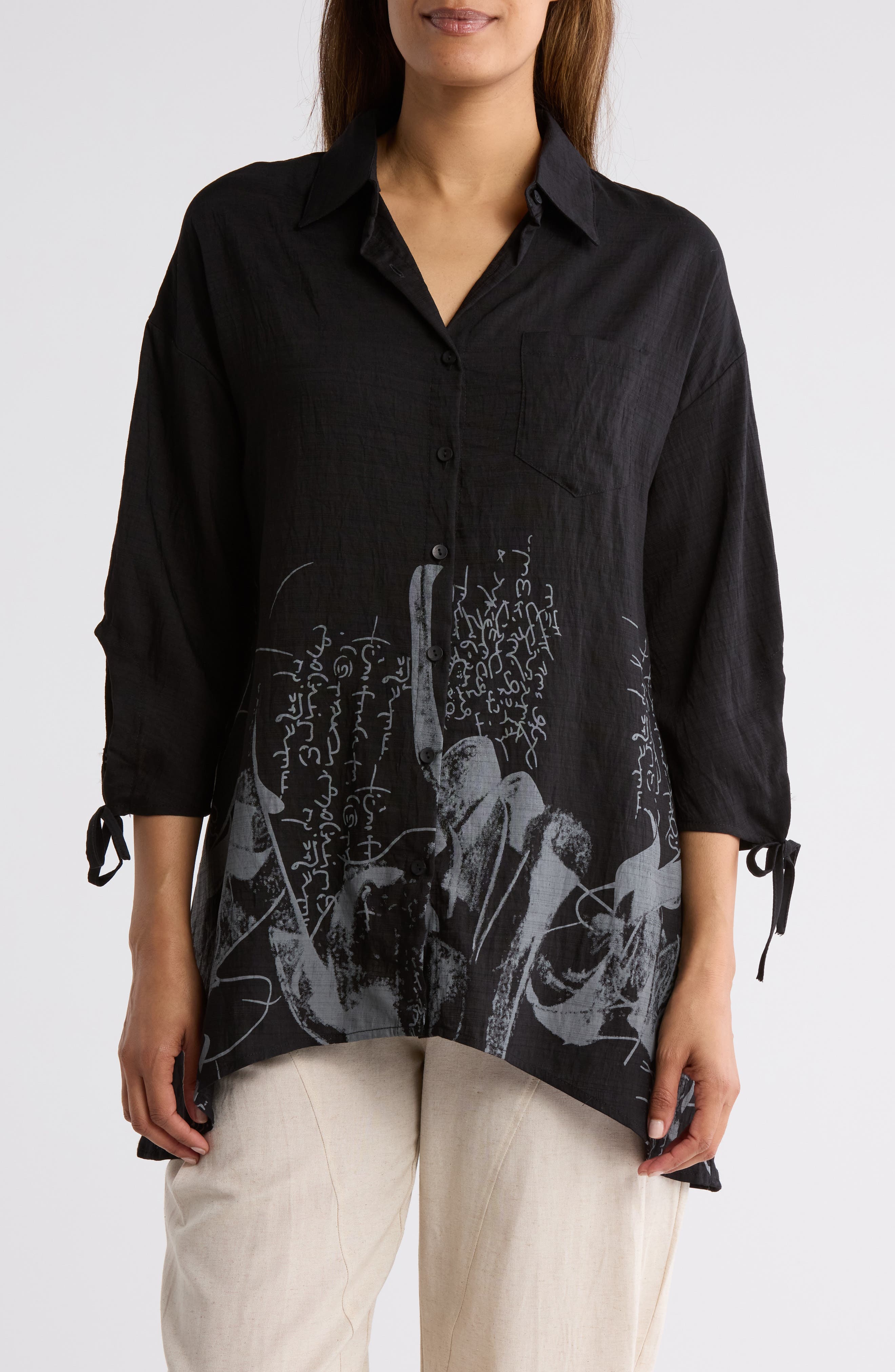 PATRIZIA LUCA Border Print Button-Up Tunic Shirt