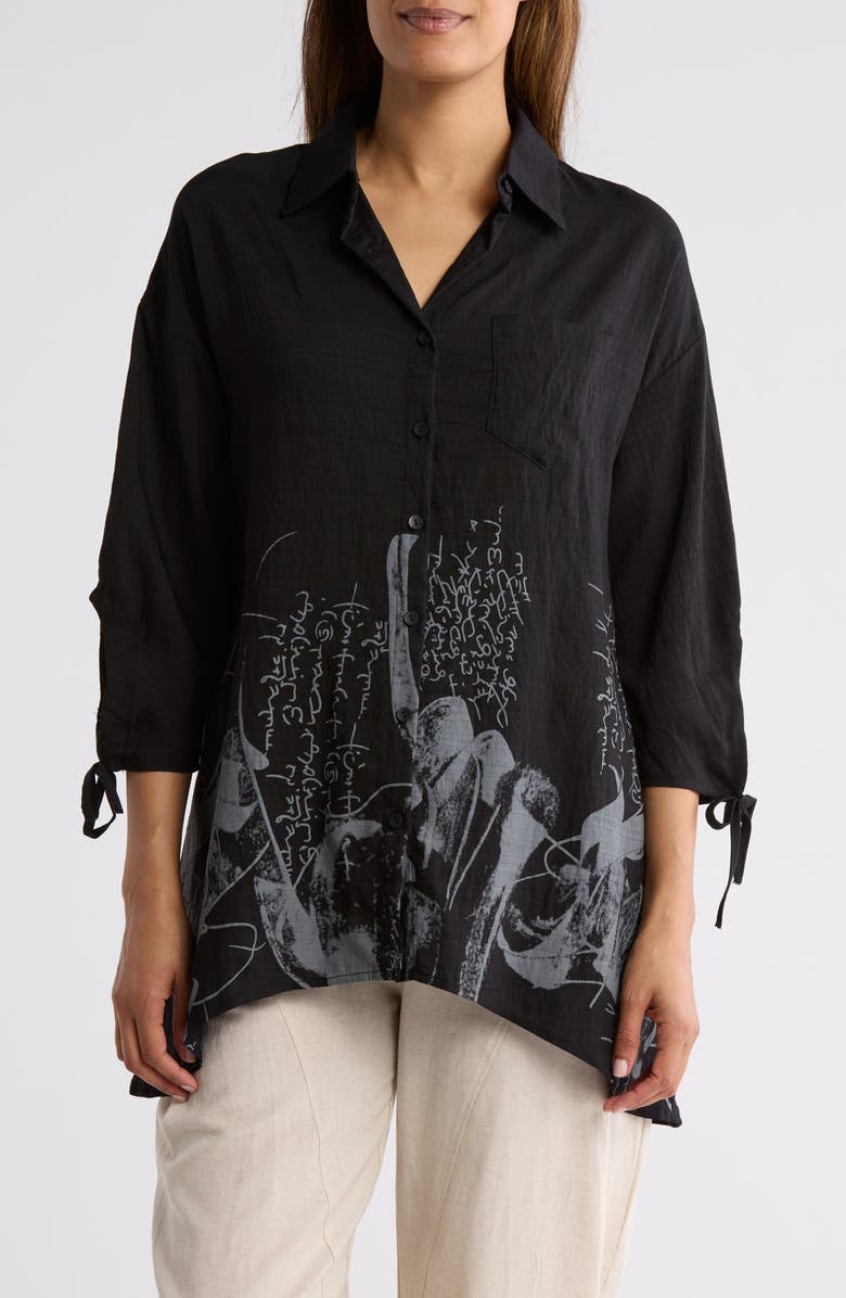 PATRIZIA LUCA Border Print Button-Up Tunic Shirt, Main, color, Black
