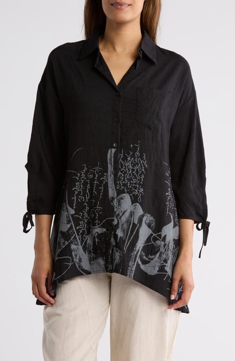 Border Print Button-Up Tunic Shirt