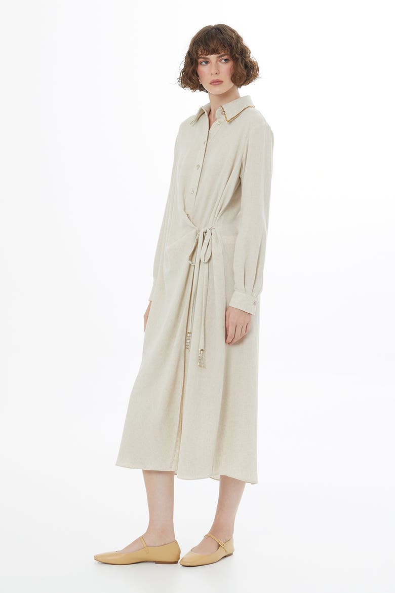 Beige Tie Detail Linen Midi Dress, Alternate, color, Beige