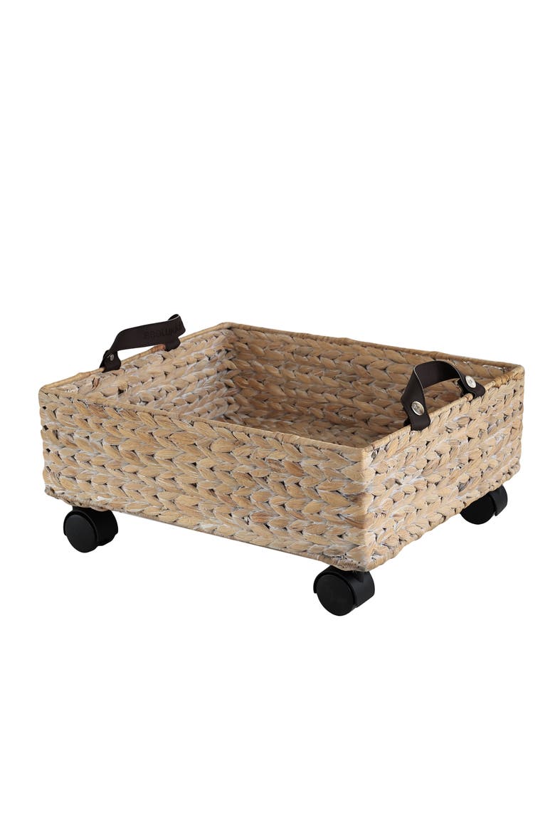 Adaline Classic Farmhouse Hand-Woven Hyacinth Rectangular Underbed Storage Bin with Wheels and Handles, Main, color, White Wash