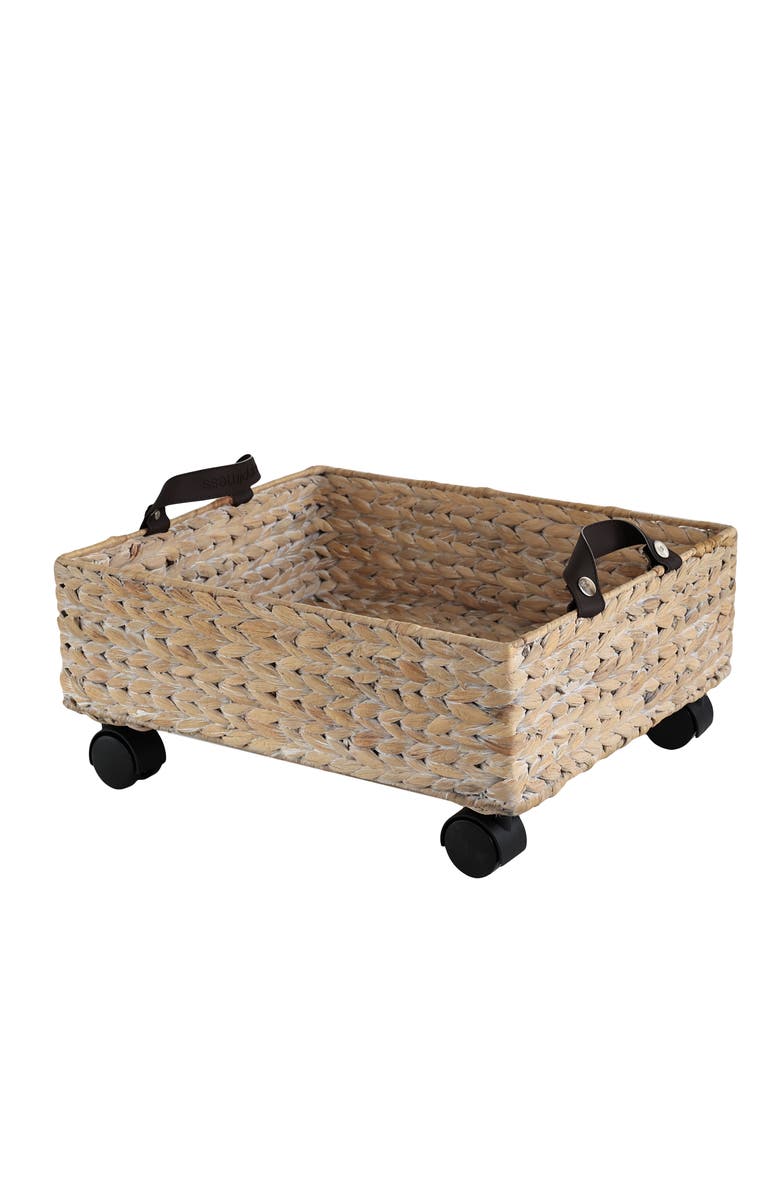 HAPPIMESS Adaline 18.11" Classic Farmhouse Handwoven Hyacinth Rectangular Underbed Storage Bin with Wheels and Handles, Main, color, White Wash