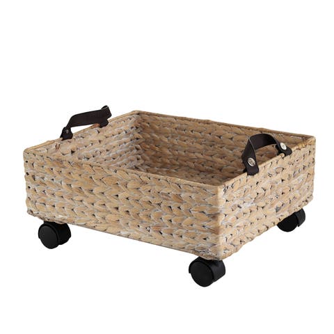 Adaline 18.11" Classic Farmhouse Handwoven Hyacinth Rectangular Underbed Storage Bin with Wheels and Handles