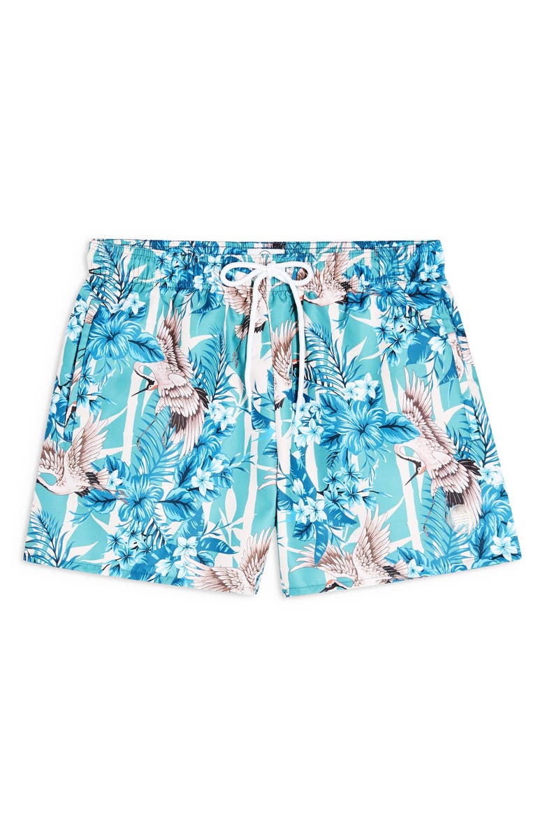 Topman Crane Print Classic Swim Shorts, Alternate, color,