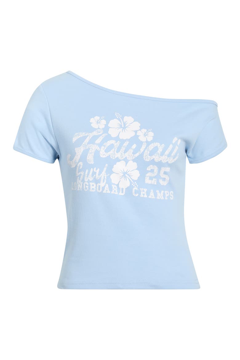 <p>Hawaii 25 Off the Shoulder Graphic Tee</p>, Alternate, color, LIGHT BLUE
