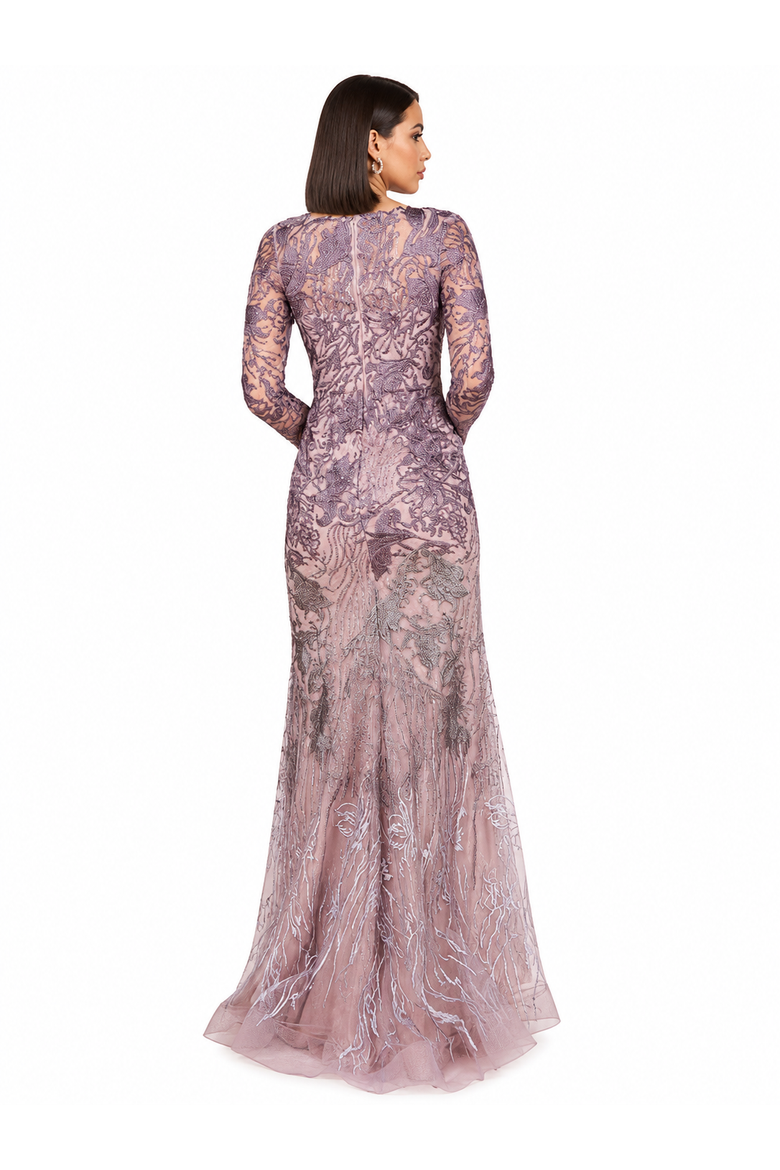 Long Sleeve V-Neck Mermaid Gown, Alternate, color, Purple