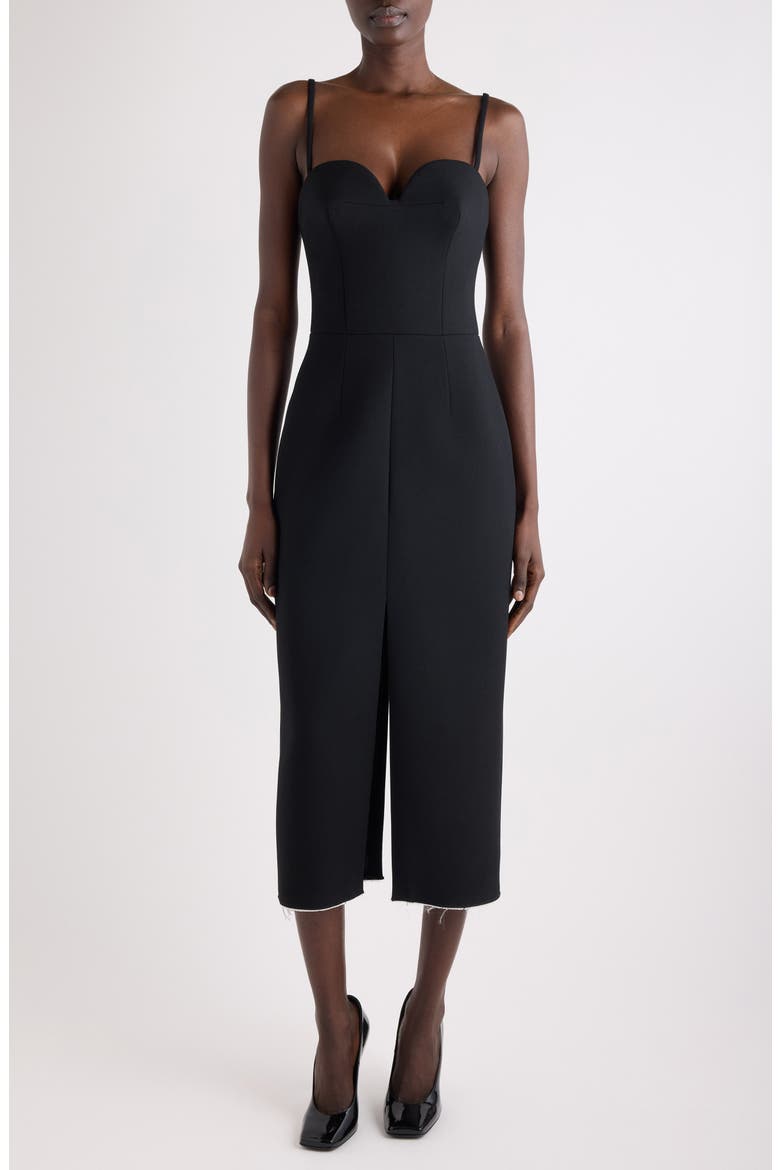 Raw Edge Stretch Crepe Midi Dress, Main, color, BLACK