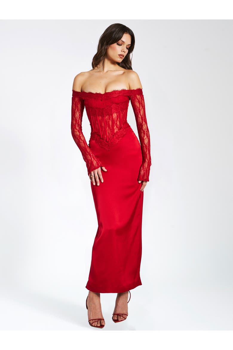 Nessa Lace Satin Corset Maxi Dress, Alternate, color, Dark red