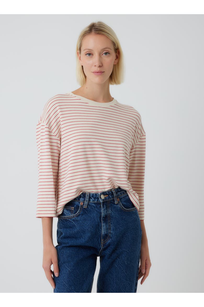 French Terry Novelty Stripe Three-Quarter Sleeve Crewneck, Main, color, VERMILLON