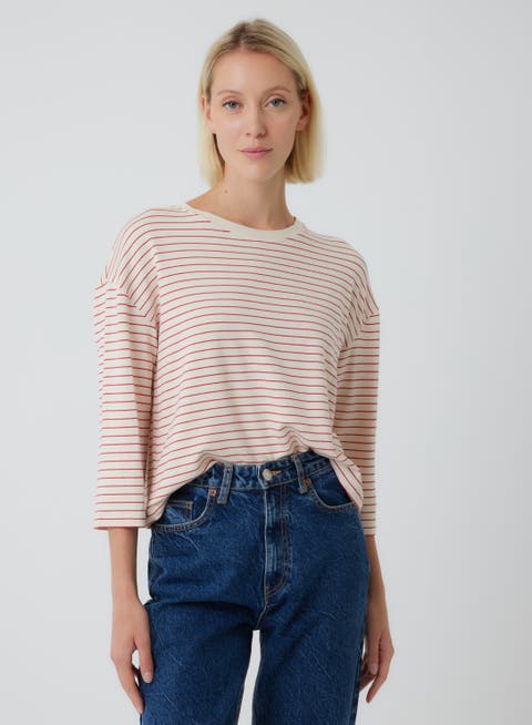 French Terry Novelty Stripe Three-Quarter Sleeve Crewneck