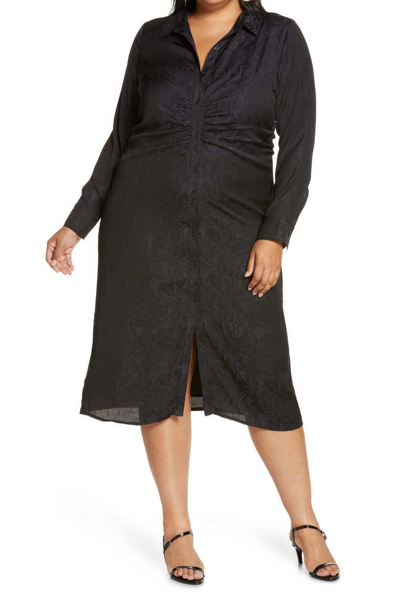 Gathered Midi Shirtdress, Main, color, BLACK