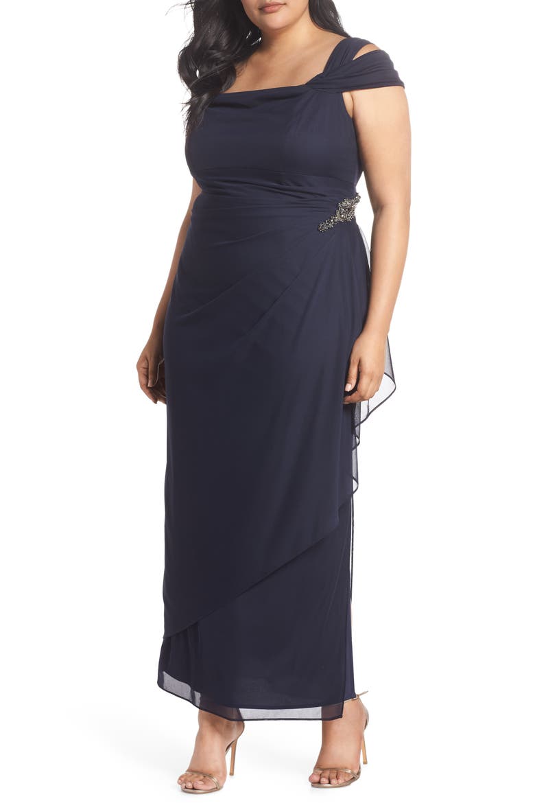 Embellished Cold Shoulder Gown, Main, color, NAVY