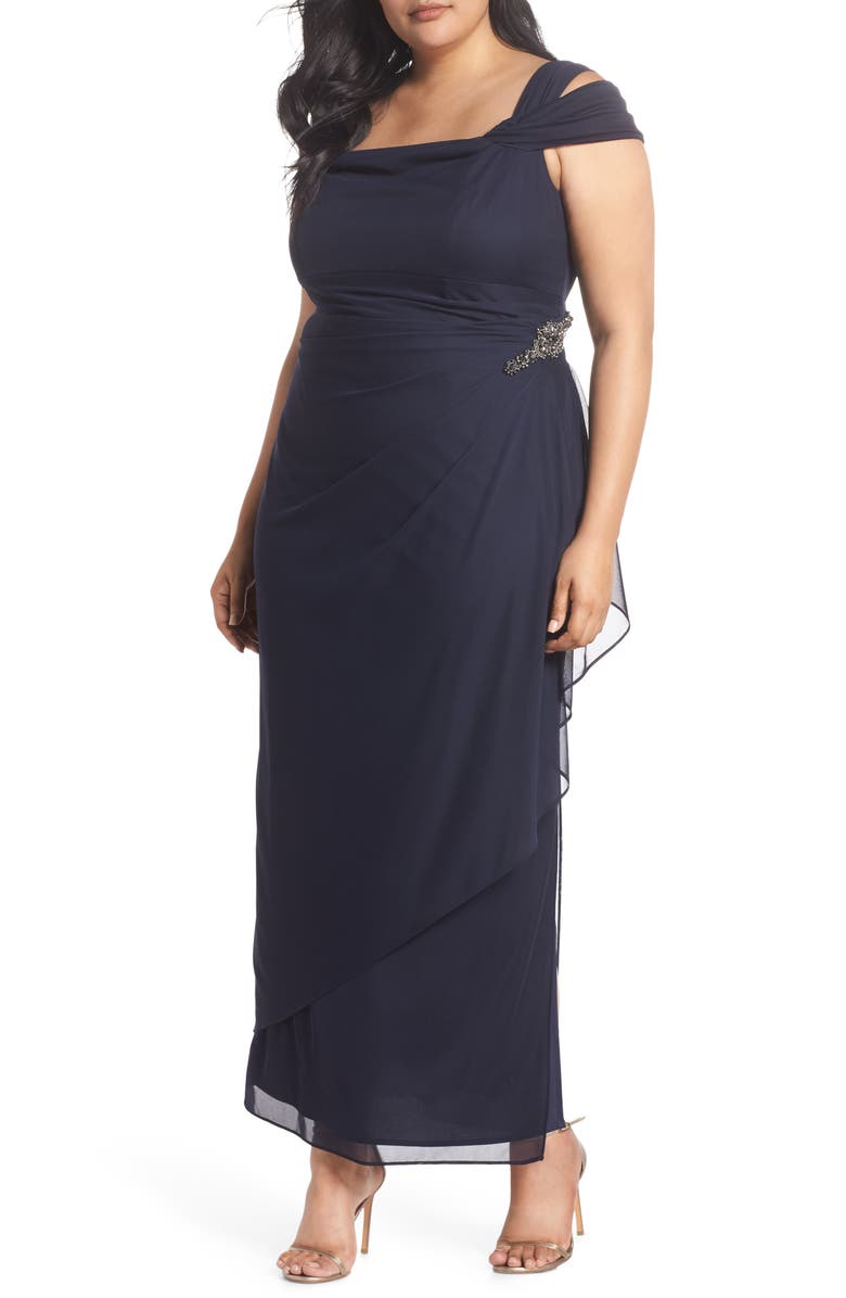 Alex Evenings Embellished Cold Shoulder Gown, Main, color, Navy