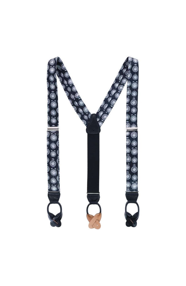 Trafalgar Ticking Time Clock Silk Button End Suspenders, Alternate, color, Black