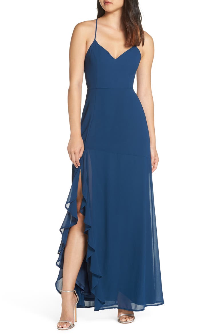 Luxurious Love Lace-Up Back Gown, Main, color, NAVY