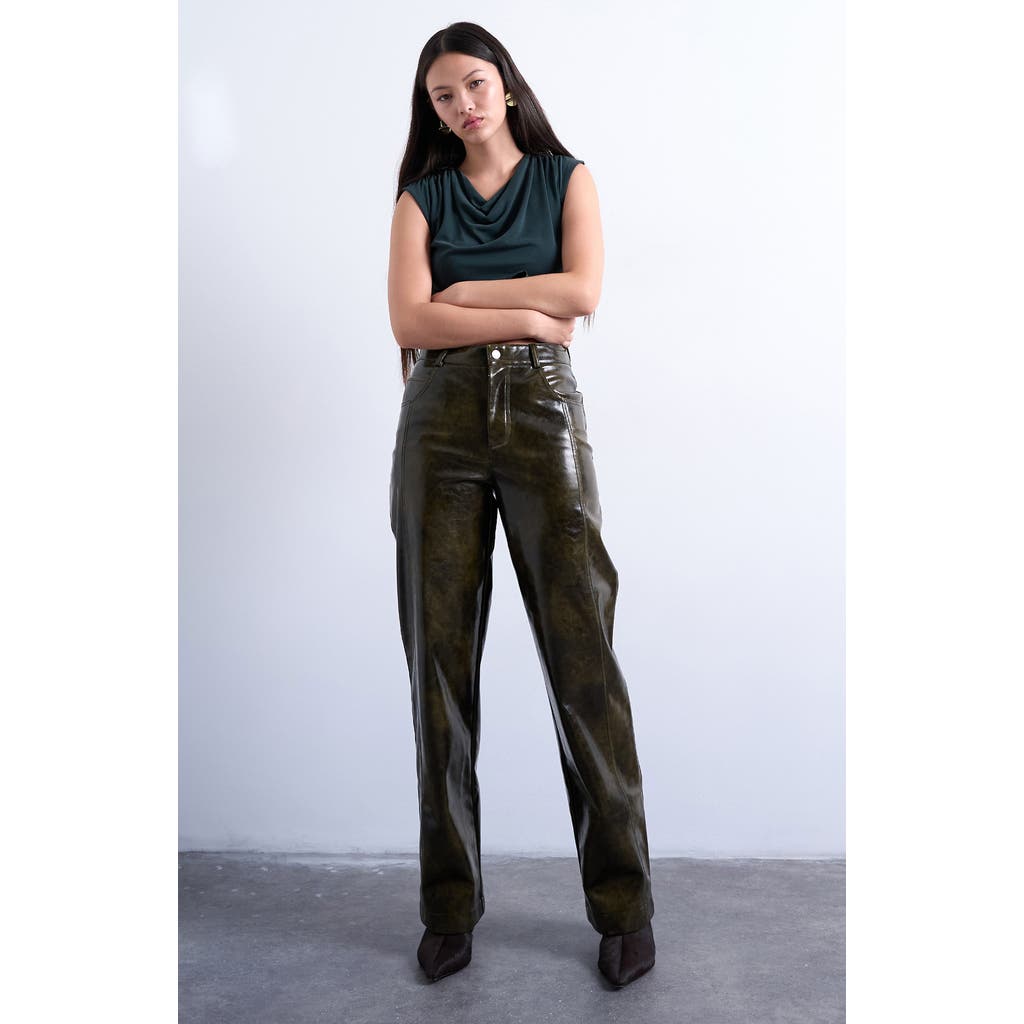 Topshop Faux Leather Wide Leg Pants In Green