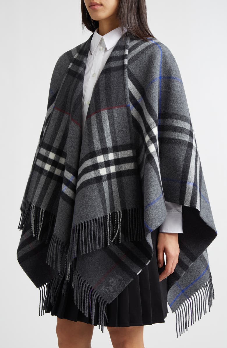 Burberry Check Double Face Cashmere & Wool Cape, Alternate, color, Marlborough Grey/ Cha