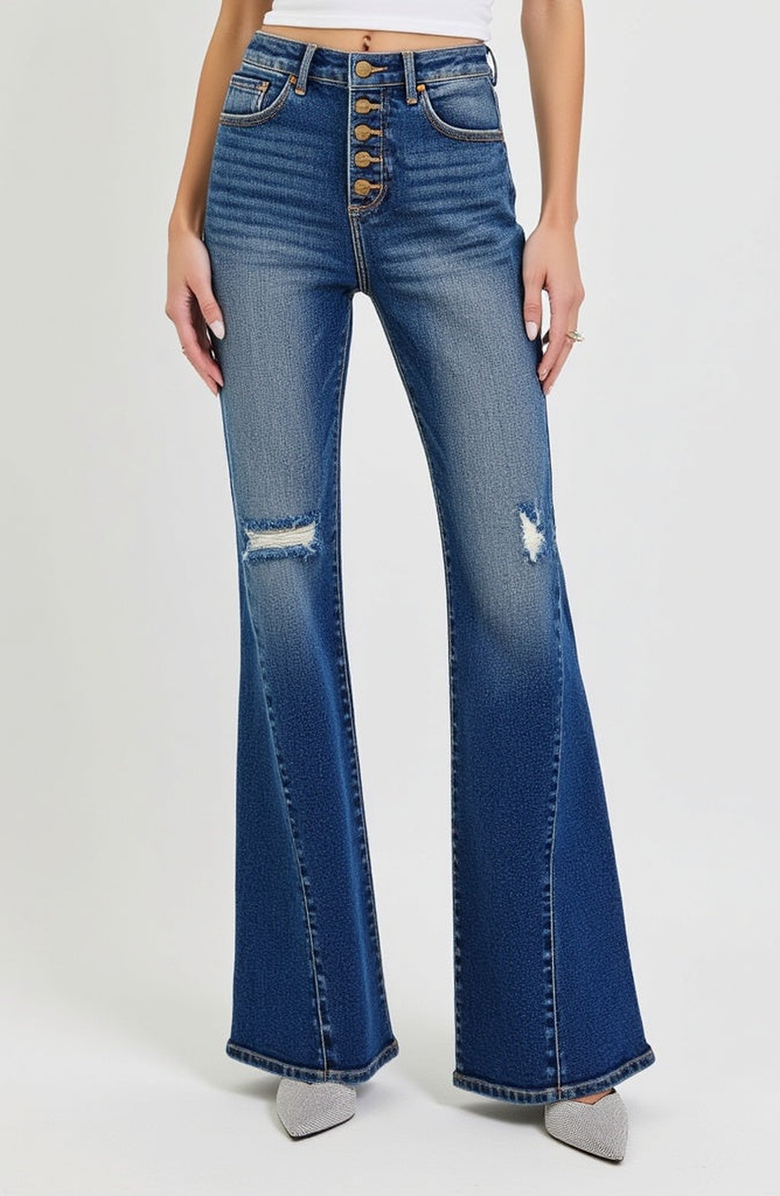 Modenaire High Rise Flare Jeans with Button Fly and Distressed Detail, Alternate, color, Deep Indigo
