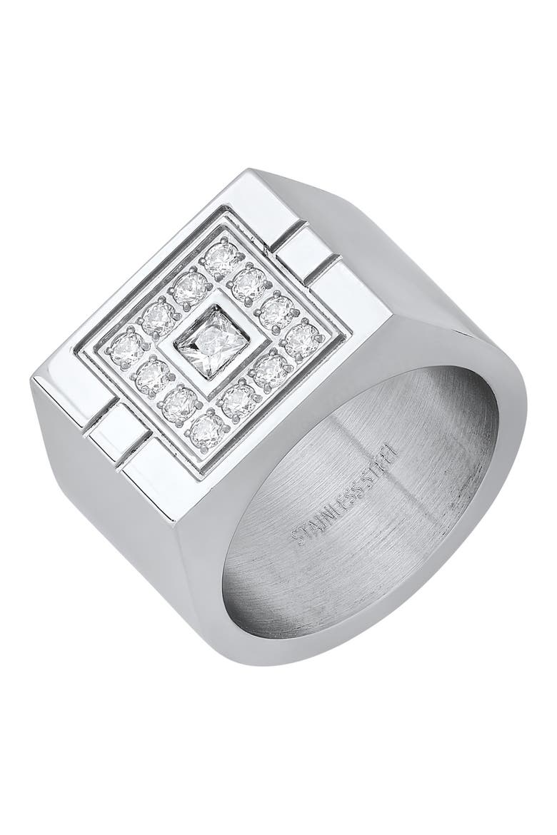 Stainless Steel Simulated Diamond Signet Statement Ring, Alternate, color, METALLIC