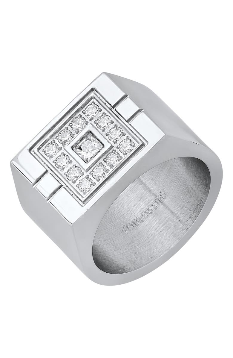 HMY JEWELRY Stainless Steel Simulated Diamond Signet Statement Ring, Alternate, color, Metallic