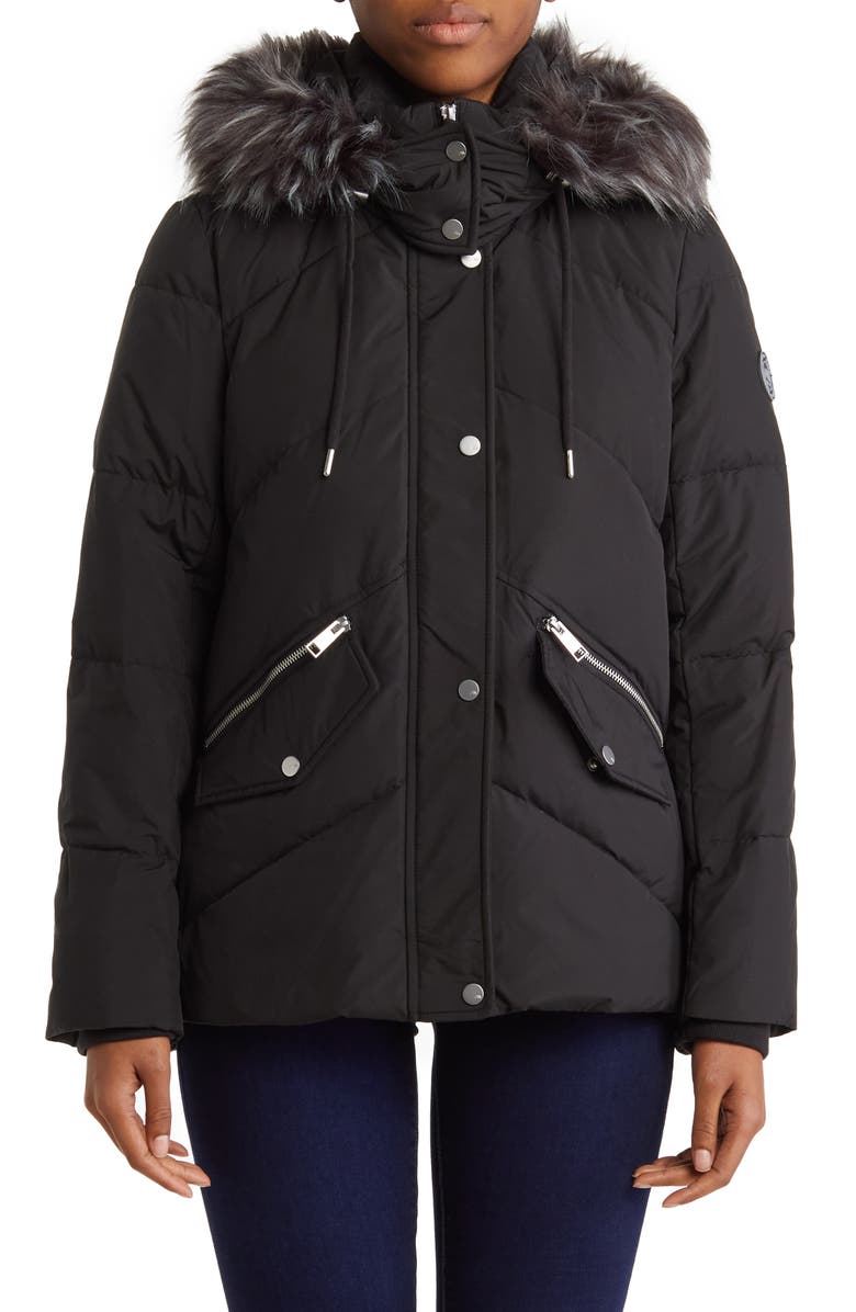 Andrew Marc Essential Water Resistant Down Puffer Faux Fur Hooded Jacket, Alternate, color, Black