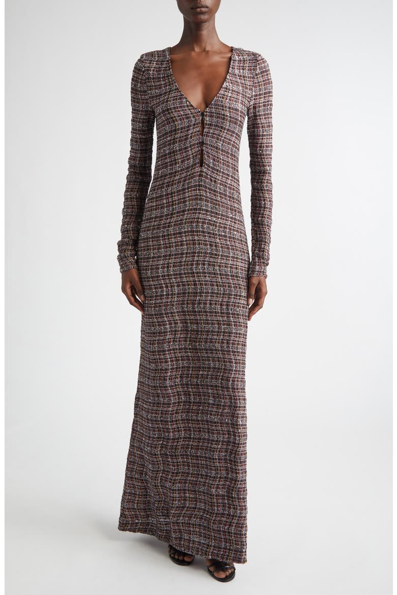 Long Sleeve Sequin Check Wool Blend Dress, Main, color, PINK AND BROWN TONES
