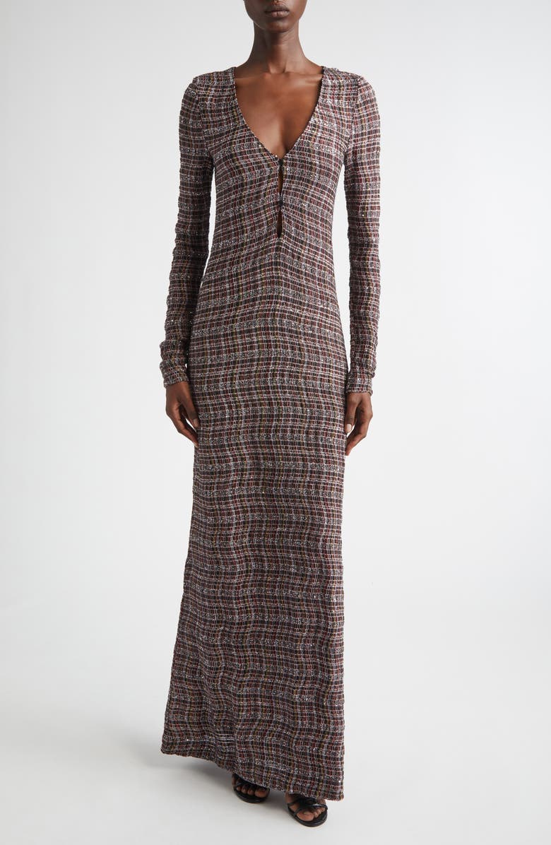 Missoni Long Sleeve Sequin Check Wool Blend Dress, Main, color, Pink And Brown Tones