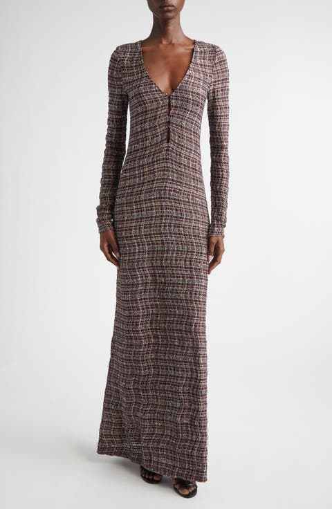 Long Sleeve Sequin Check Wool Blend Dress