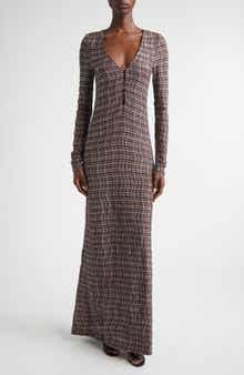 Long Sleeve Sequin Check Wool Blend Dress