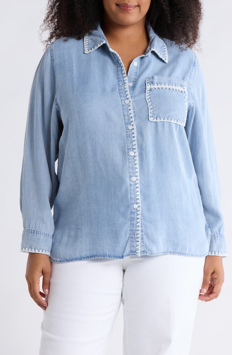 M Magaschoni Button-Up Denim Shirt, Main, color, Light Wash Denim Blue