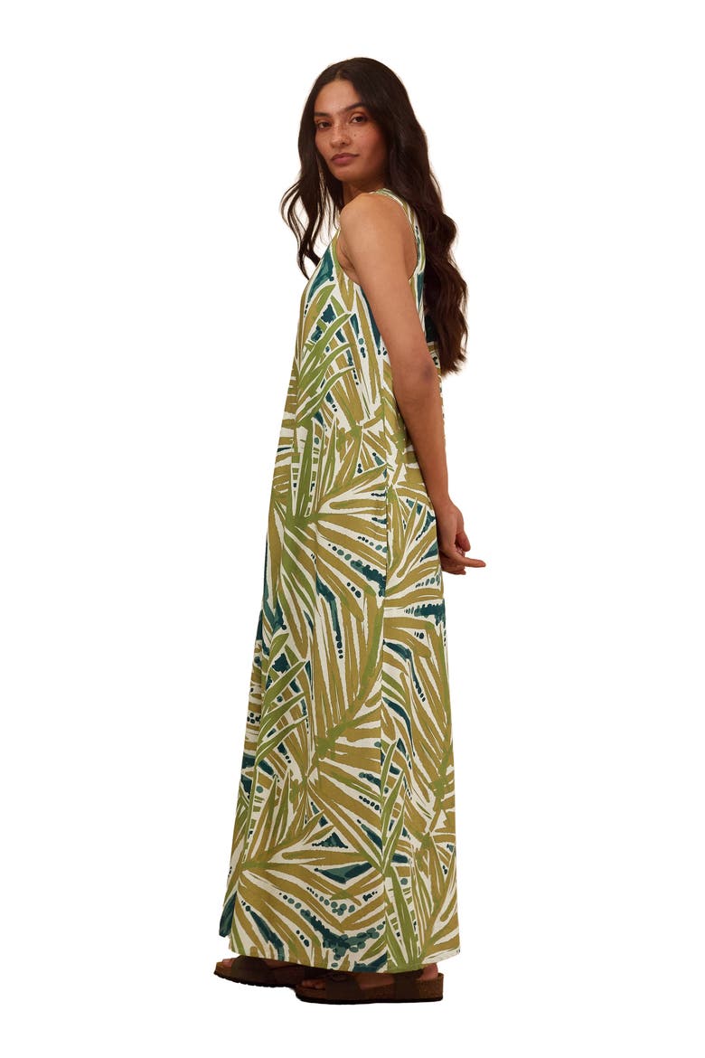 Sleeveless V-Neck Linen Maxi Dress, Alternate, color, Palm Print