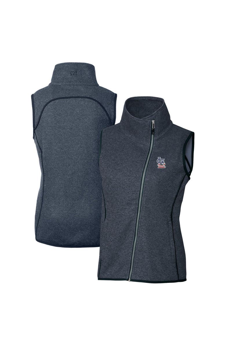 Cutter & Buck Women's Cutter & Buck Heather Navy St. Louis Cardinals Americana Logo Mainsail Sweater-Knit Full-Zip Asymmetrical Vest, Main, color, 