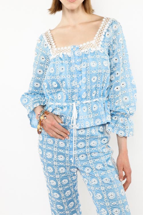 Shop Anna Sui Lattice Lace Embroidery Capri Pants In Baby Blue