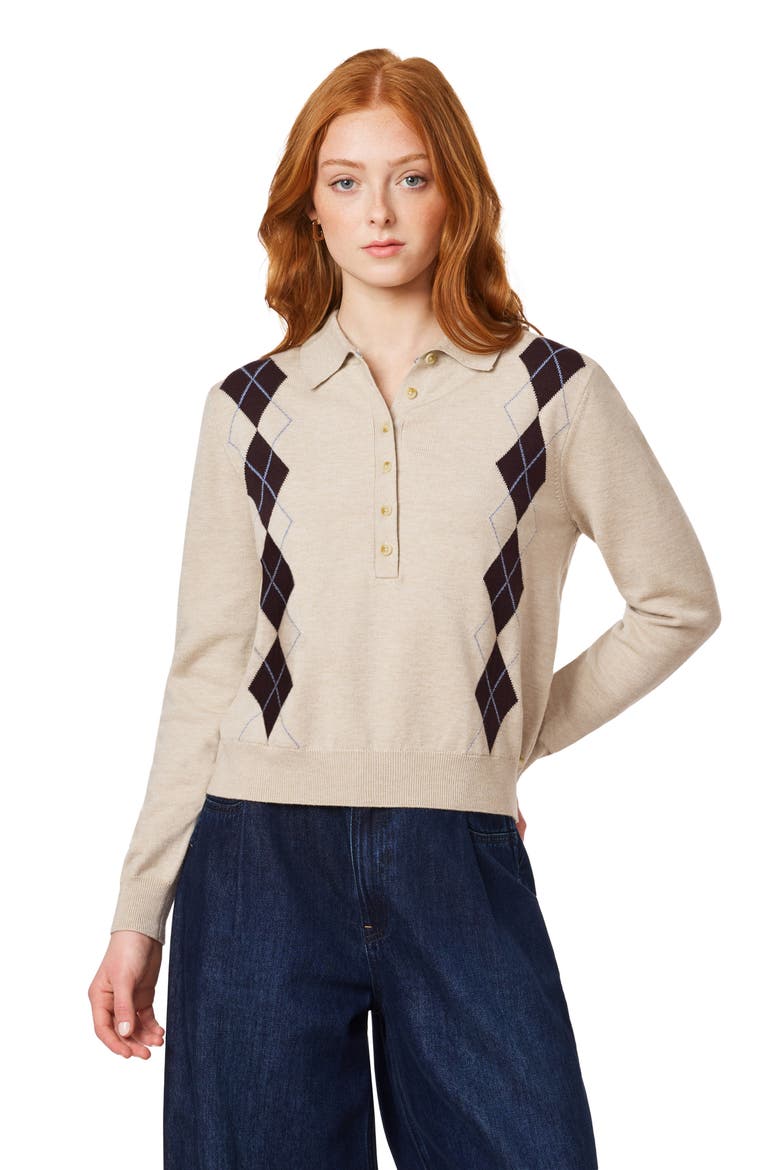 Argyle Polo Sweater, Alternate, color, OATMEAL HEATHER SEAL BROWN