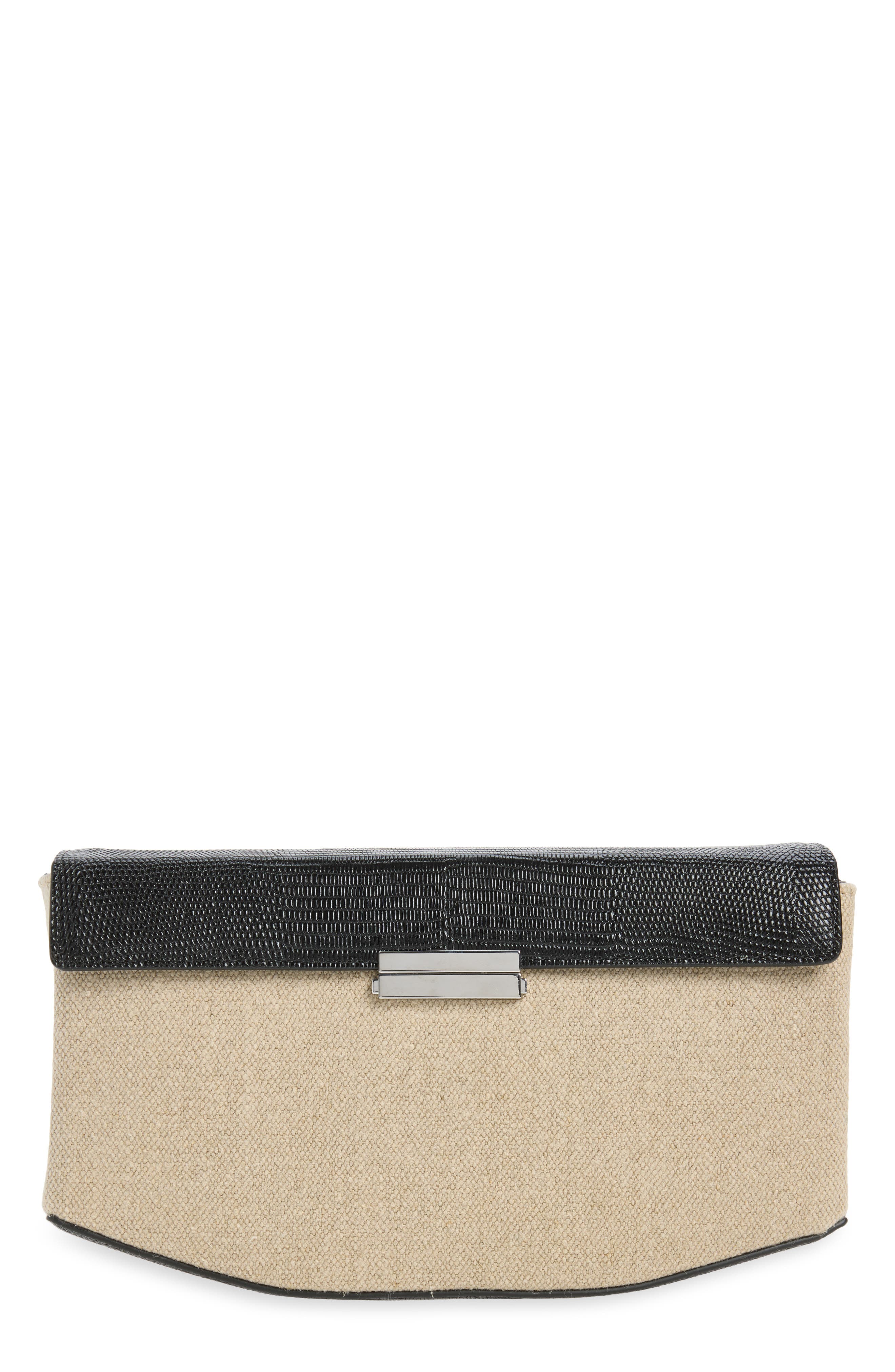 Clip Canvas & Lizard Embossed Leather Top Handle Bag, Main, color, BEIGE/ BLACK