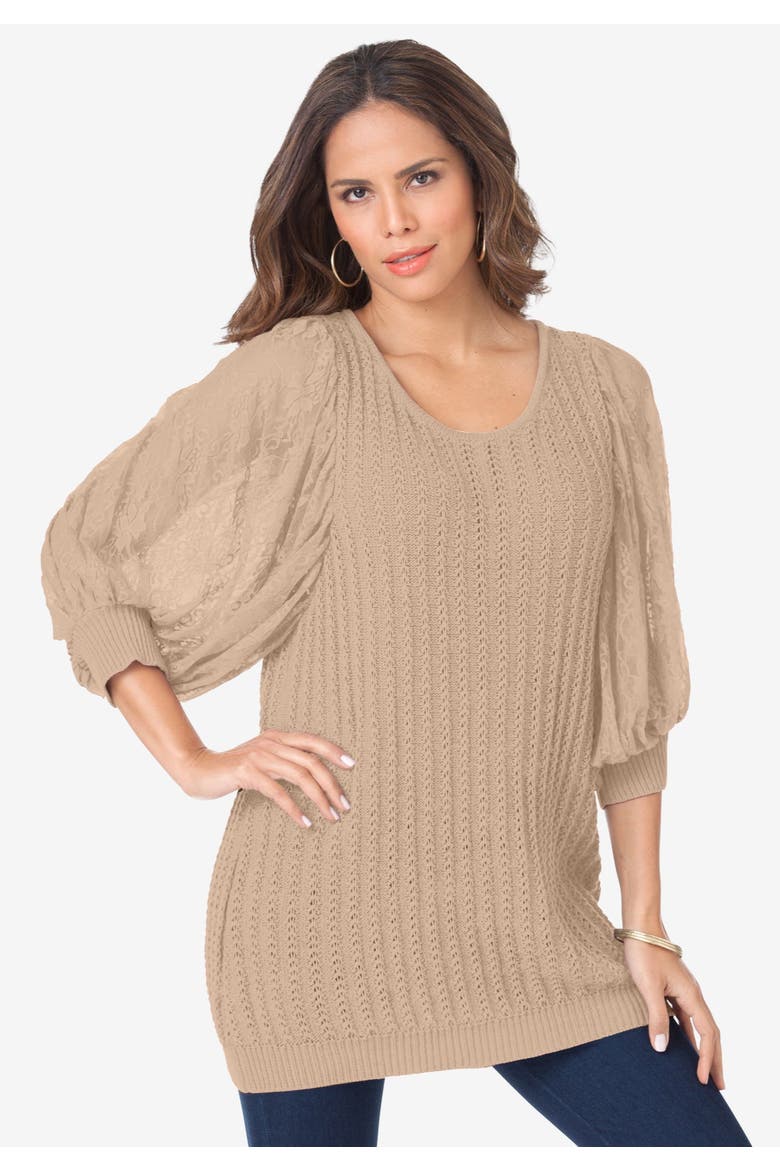 Lace Sleeve Sweater, Alternate, color, NEW KHAKI
