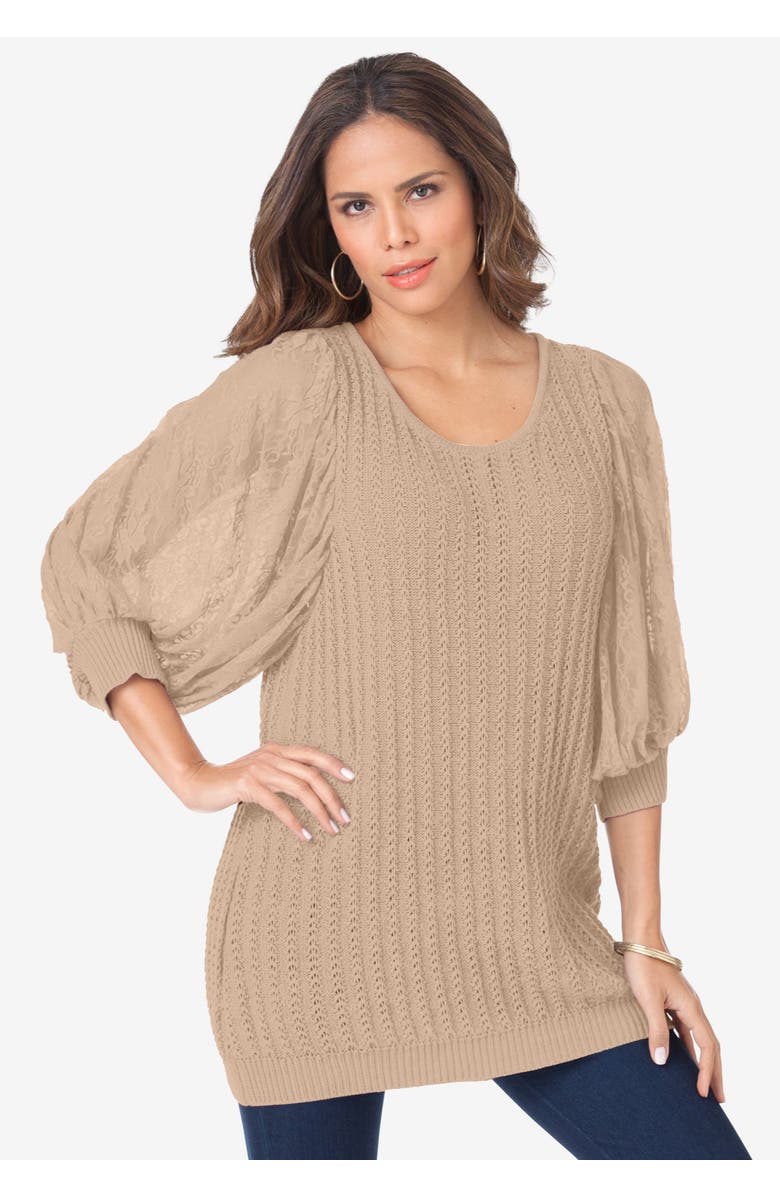 Roaman's Lace Sleeve Sweater, Alternate, color, New Khaki