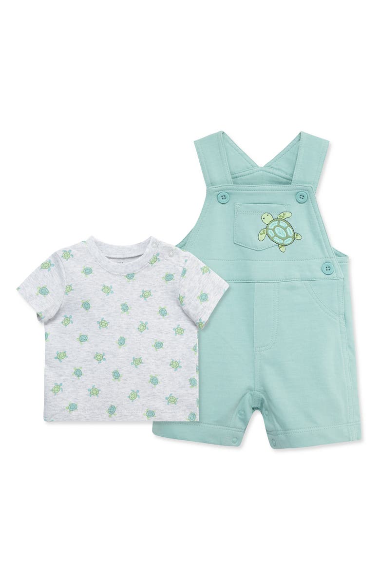 Little Me Turtles Cotton T-Shirt & Overalls Set, Main, color, Green