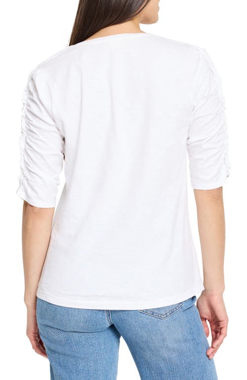 Nzt By Nic+zoe Ruched Elbow Sleeve Split V-neck T-shirt In Paper White